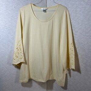 Christopher & Banks Womens X Yellow White Striped Embroidered Sleeves Nautical